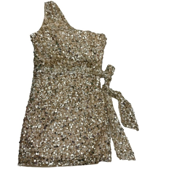 Aidan Mattox One Shoulder Cream & Gold Sequined Cocktail Party Dress Size 8 - Picture 4 of 8